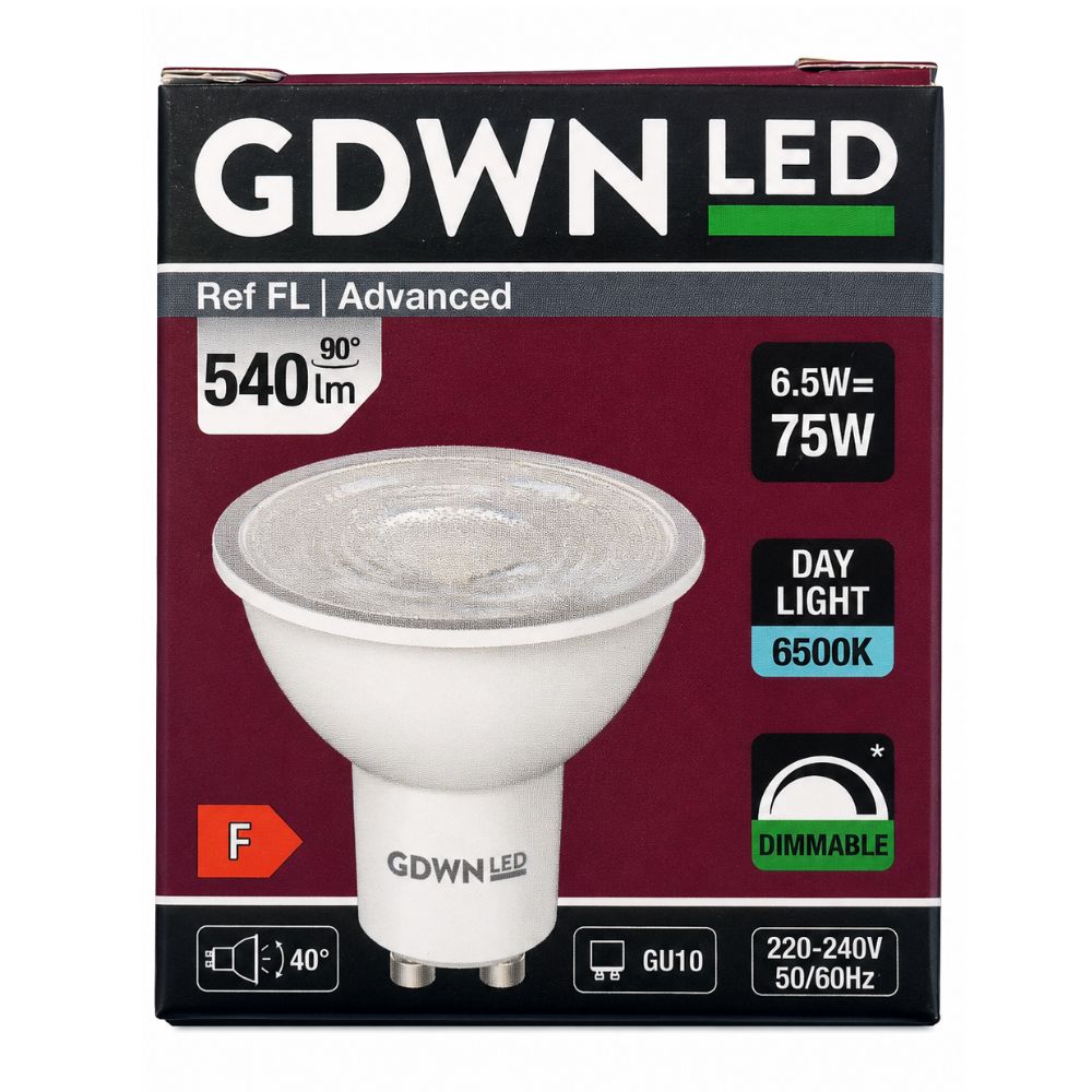 CRI ≥ Ra 90  LED GU10 6.5W Bulb 6500K Daylight – 540lm, 40° Beam, 75W Equivalent, Dimmable