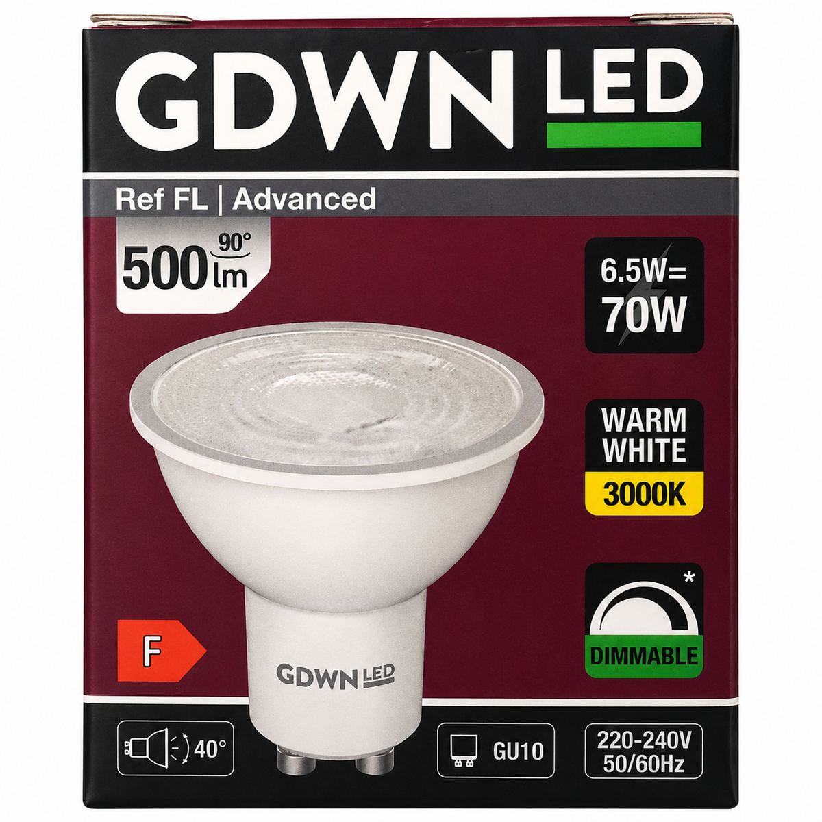 CRI ≥ Ra 90 LED GU10 6.5W Bulb 3000K Warm White Dimmable – 500lm, 40° Beam, 70W Equivalent