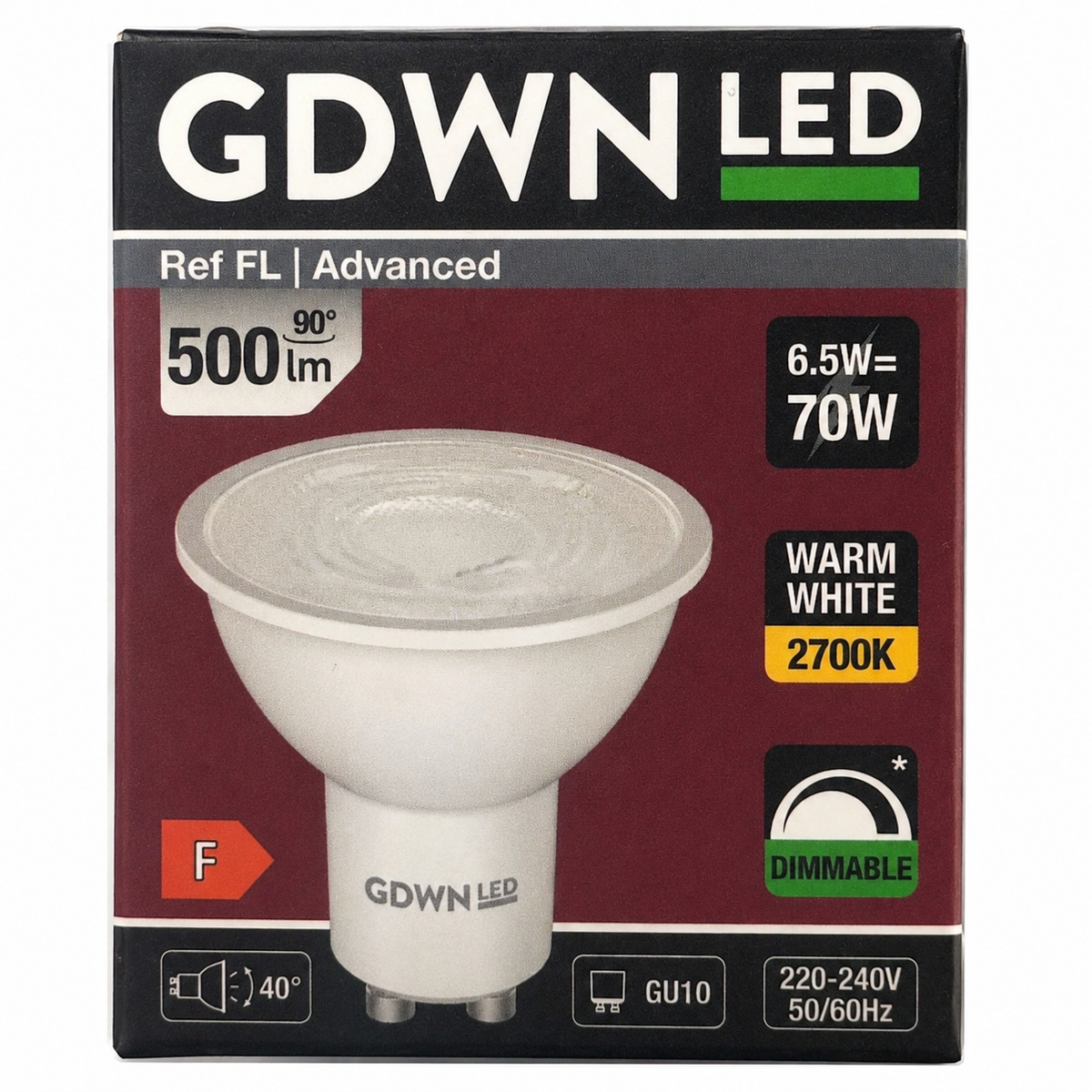 CRI ≥ Ra 90  LED GU10 6.5W Bulb 500lm 2700K Warm White Dimmable 40° Spotlight – 70W Equivalent
