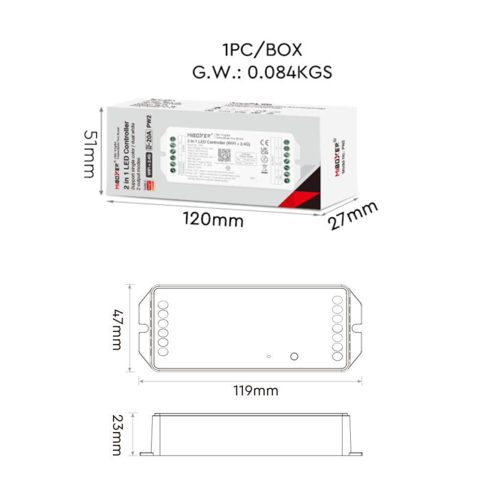 PW2 MiBoxer 2-In-1 Controller / Receiver WiFi / 2.4G RF (12V to 48V)