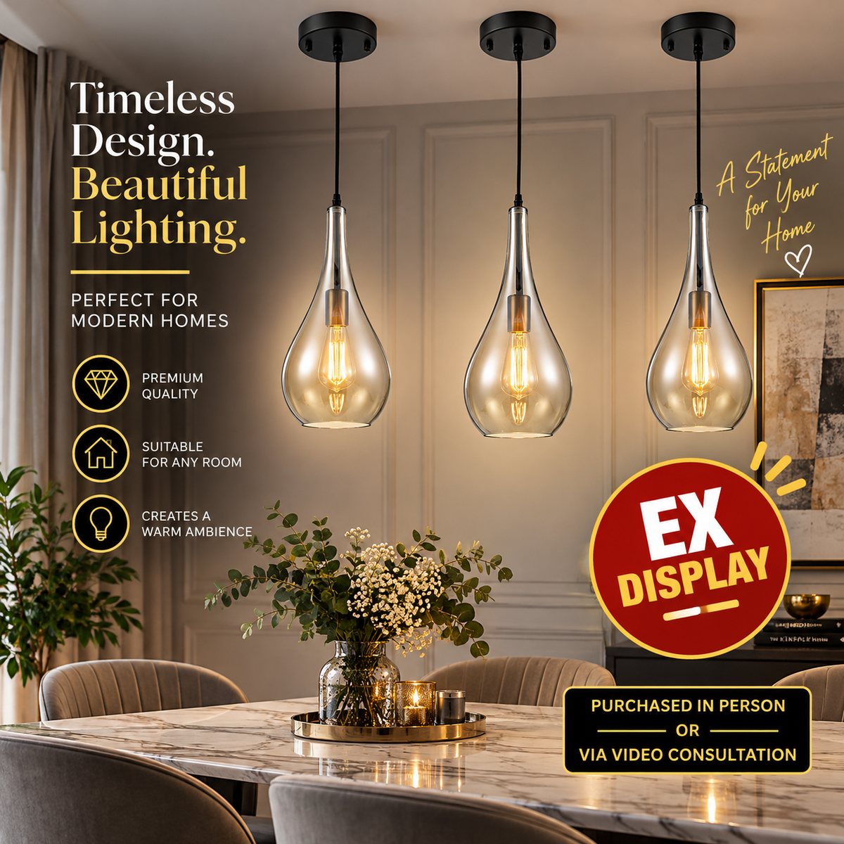 Franklite Droplet Single Pendant Light Amber Glass E27