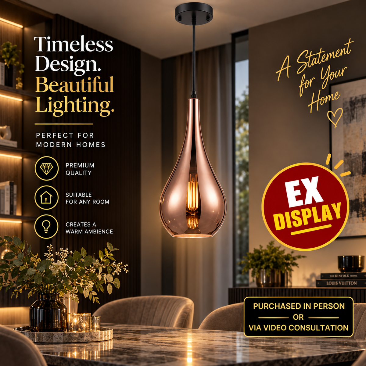 Franklite Droplet Single Pendant Light Copper Finish Glass E27