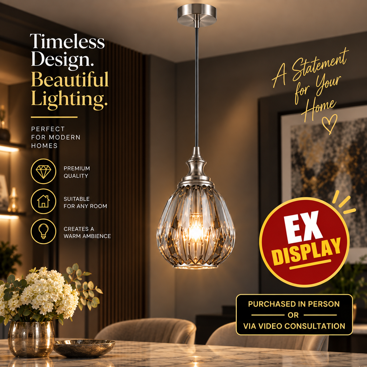 Franklite Refract Single Pendant Light Satin Nickel Smoked Glass E27