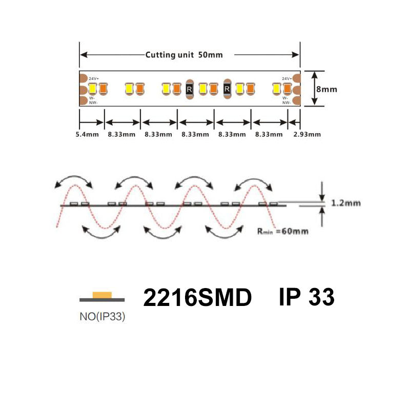 5m 2216 SMD LED Tapes | 24V, 9.6W/m, 240LED/m, CRI90, 2700K-6000K, IP33 LUK-D6240-WW-W-IP33