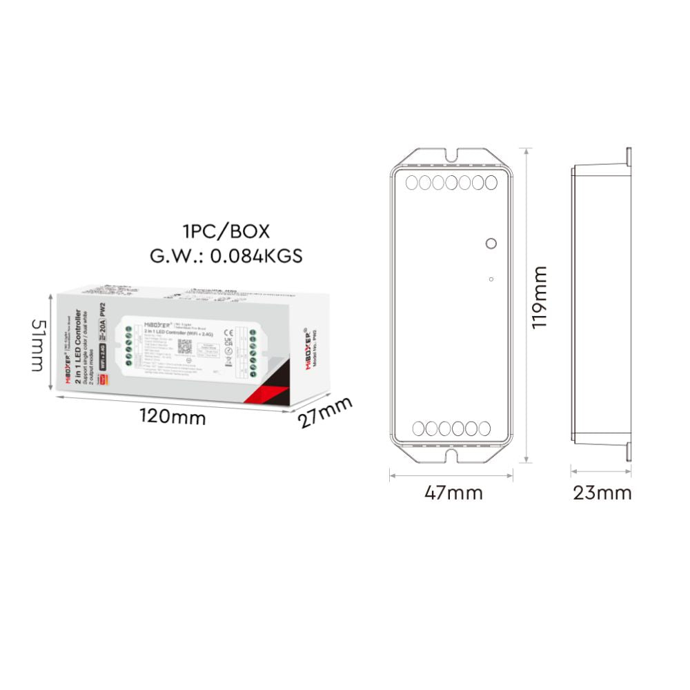 PW2 MiBoxer 2-In-1 Controller / Receiver WiFi / 2.4G RF (12V to 48V)