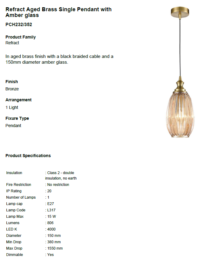 Franklite Refract Single Pendant Light Aged Brass E27