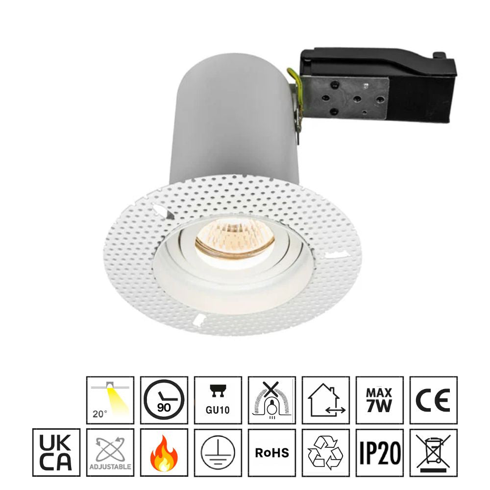 Trimless Downlight GU10 Fire Rated IP20 TILT Round  Matt White