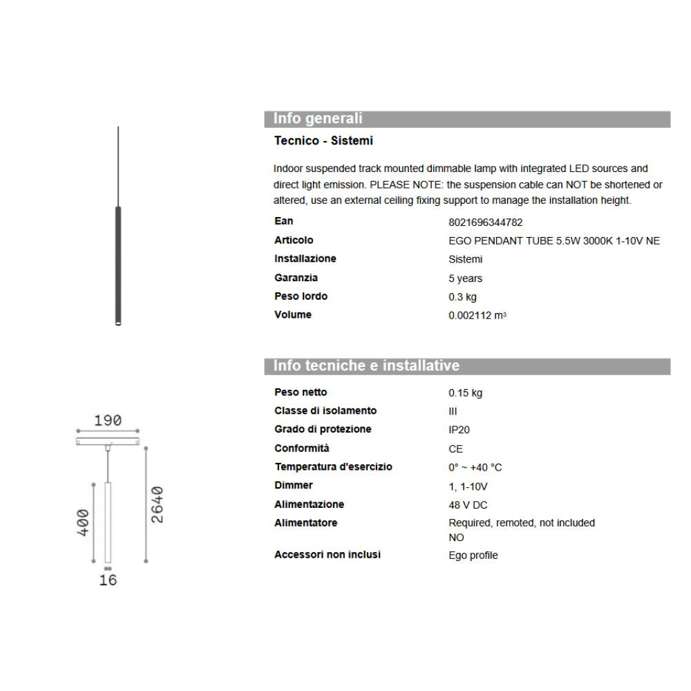 Ideal Lux Ego pendant tube 5.5w 3000k 1-10v  344782